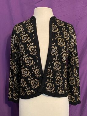 Vintage 1960s Sally Gee Black Knit Open Cardigan with Gold Roses. Size M.